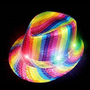 LED Light Up Flashing Fedora Hat with Rainbow Sequins (Assorted Colors, 1 Hat Per Pack) - Glow-Paradise
