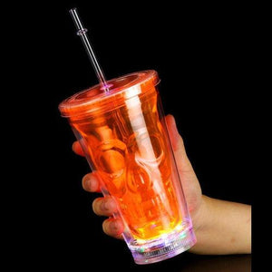 LED Light Up Flashing Double Walled Skull Tumbler With Lid And Straw (Orange Color, 1 Quantity Per Pack) - Glow-Paradise